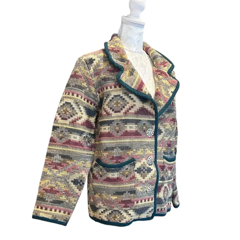Vintage Patchwork Blazer Womens Size LP Tan Stripe Cotton Aztec Southwestern - Picture 3 of 16